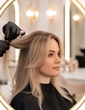 Cabeleireira finalizando o cabelo loiro de uma cliente no salão