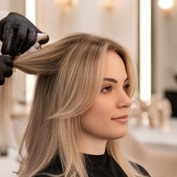 Loiro iluminado com corte em camadas.