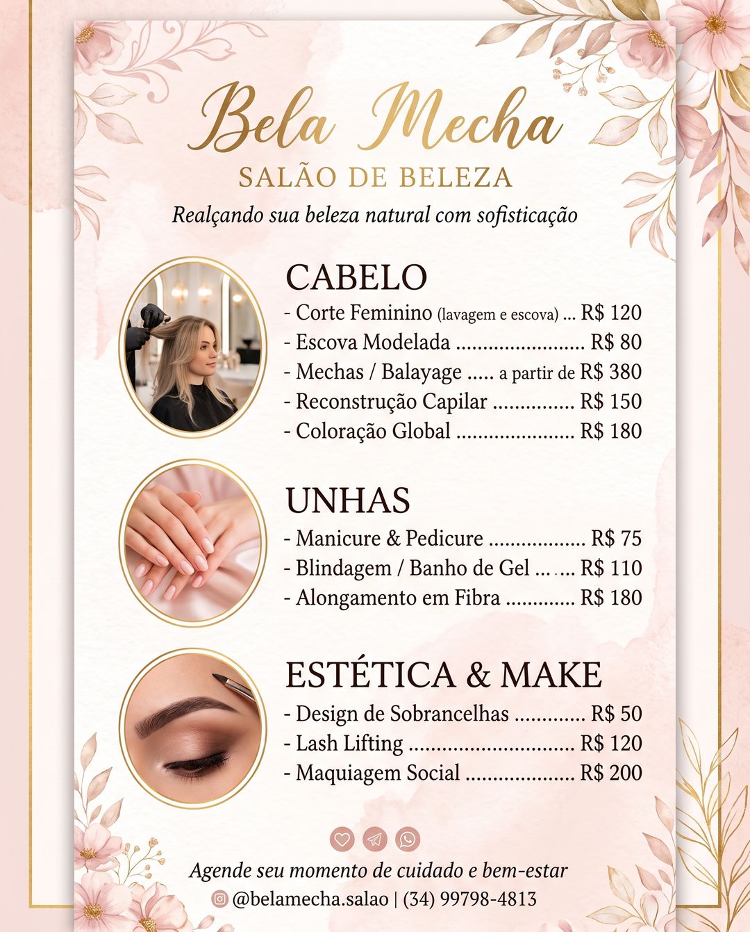Nossa tabela completa de serviços e preços. Salve para consultar quando quiser!